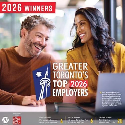 smiling man and woman with the text "Greater Toronto's Top 2026 Employers"